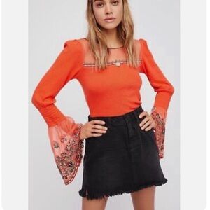 Free People High Tides Embroidered Bell Sleeves Orange Top